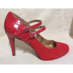 Red Suede/Patent Leather Strappy Pumps